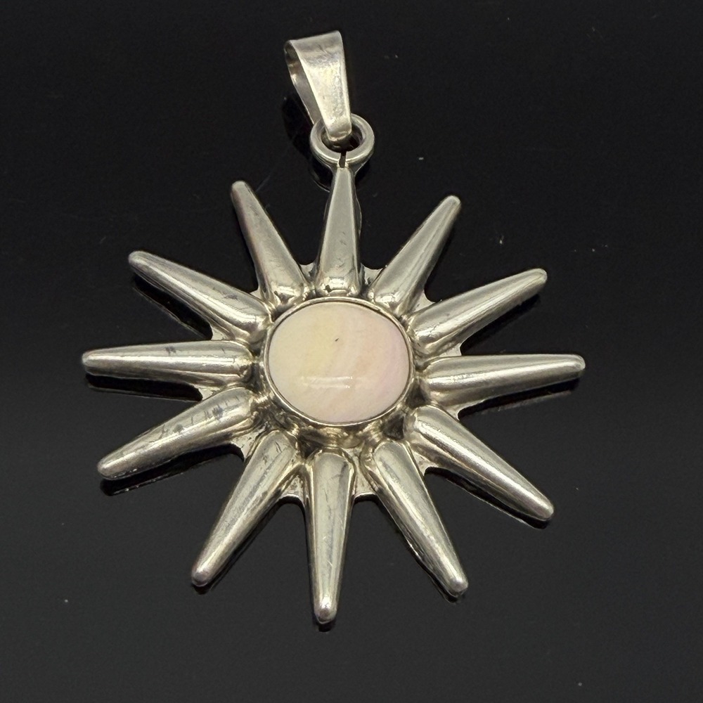 Large Sunburst Pendant Light Pink Stone 925 Mexico Sterling Silver Celestial